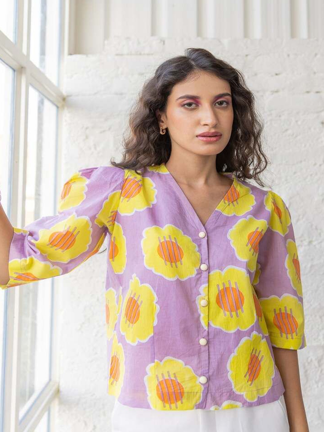 

Fancy Pastels Women Comfort Collarless Floral Printed Cotton Casual Shirt, Purple