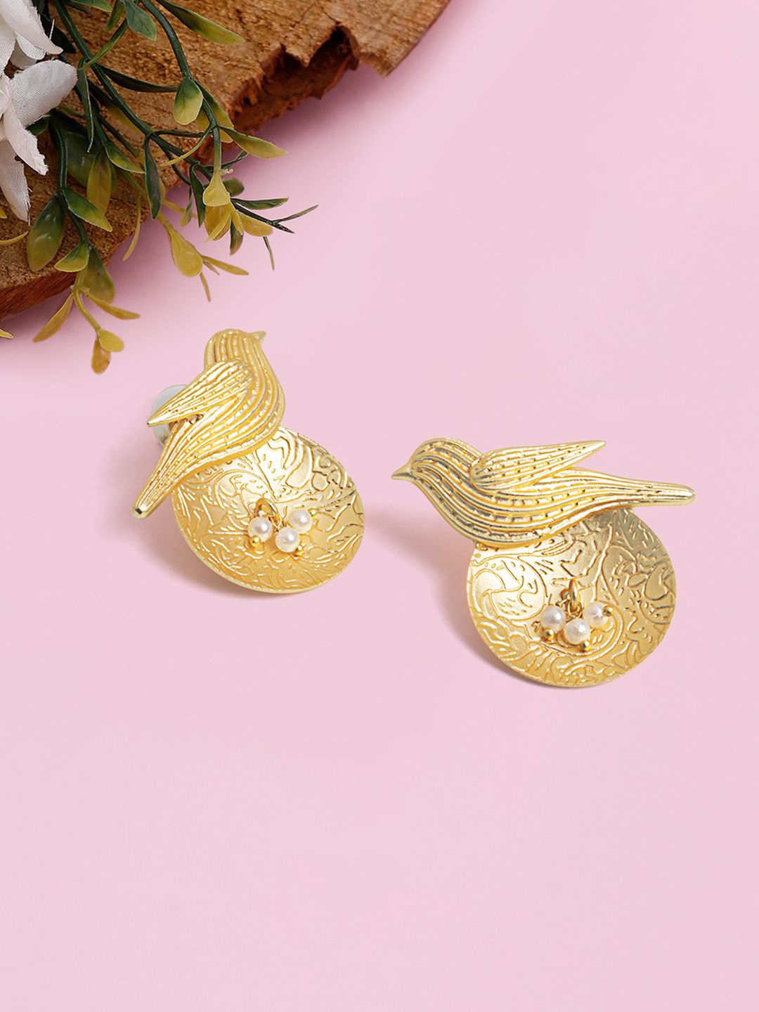 

Golden Peacock Beaded Bird Shaped Studs, Gold