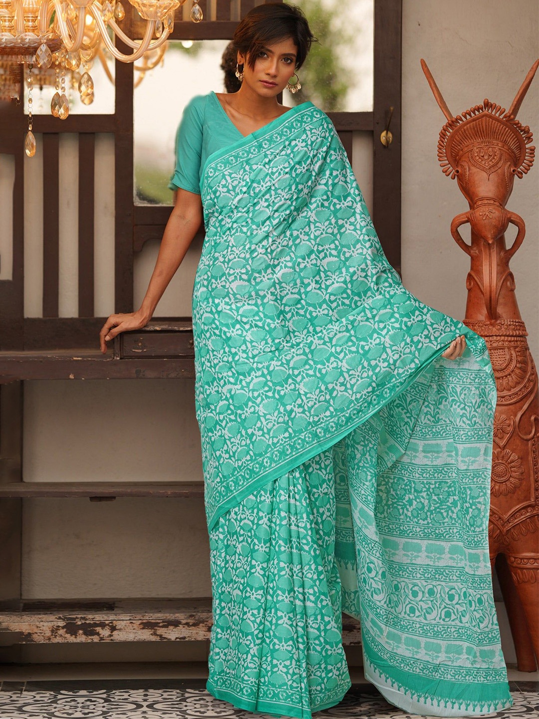 

Unnati Silks Ethnic Motifs Pure Cotton Handloom Block Print Saree, Green
