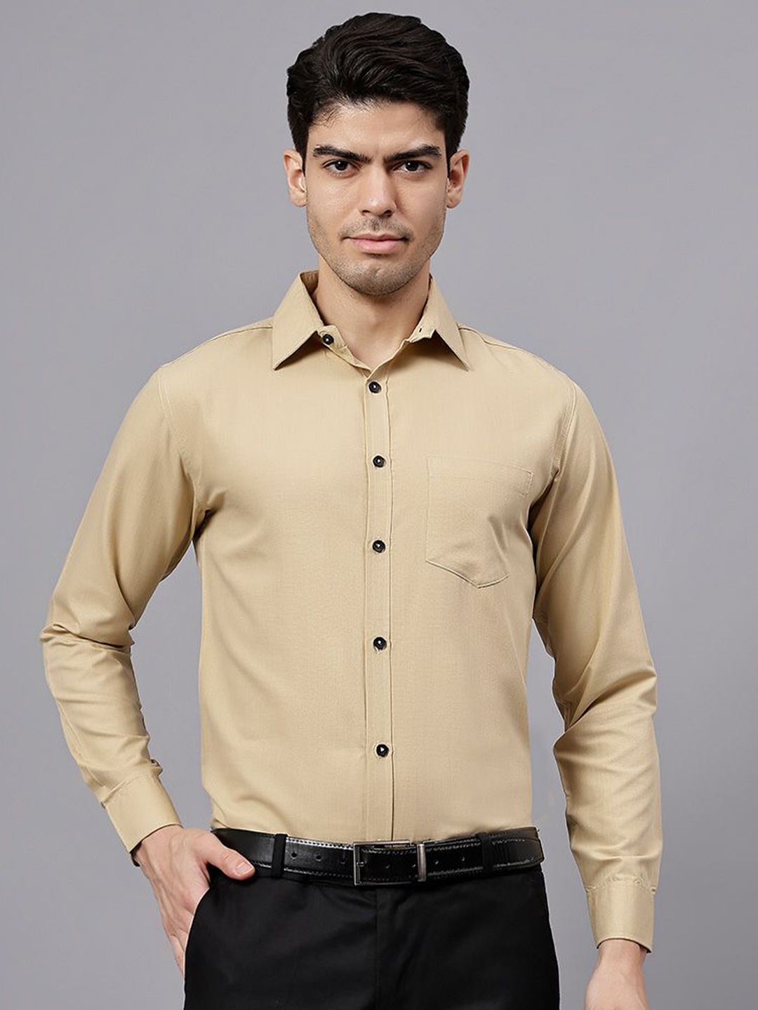

Vida Loca Men India Slim Spread Collar Solid Cotton Slim Fit Formal Shirt, Beige