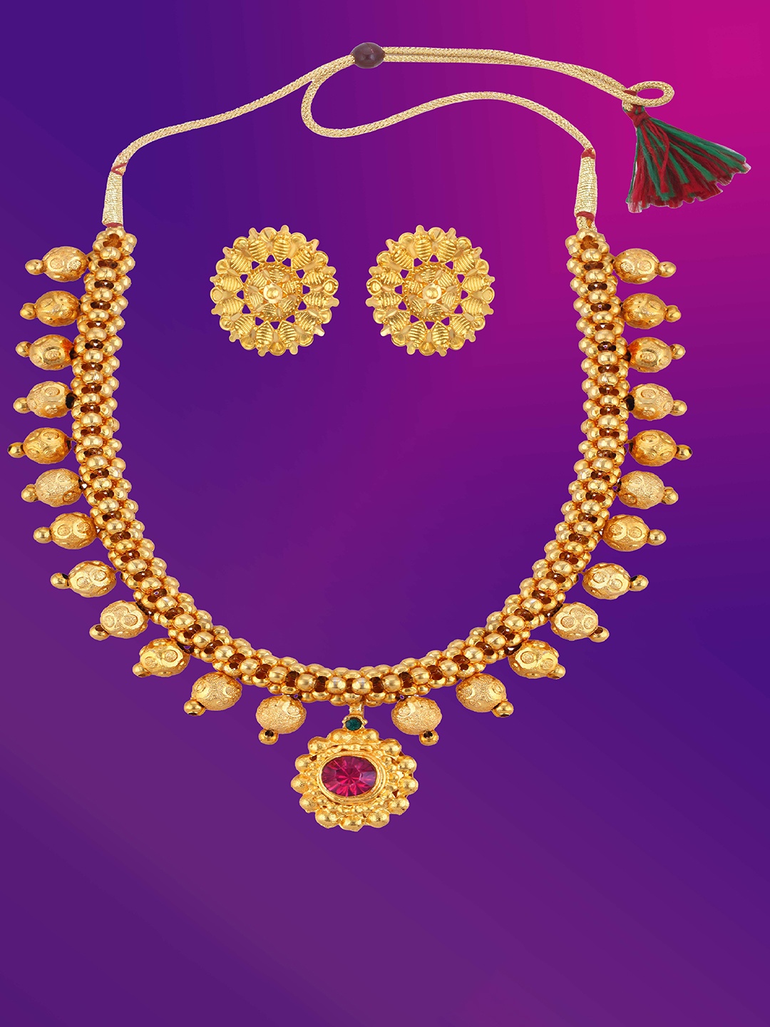 

Lila Gold Plated Stone Studded & Beadded Antique Jewellery Set