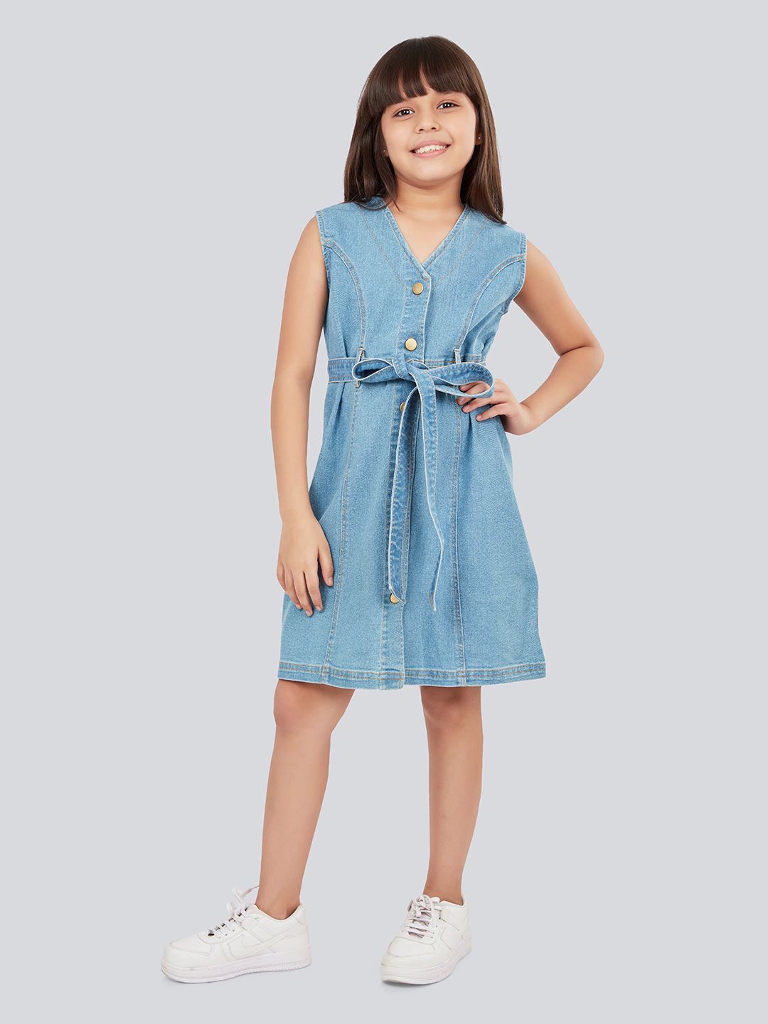 

Olele Girls Cotton Denim Sleeveless V-Neck Dress, Blue