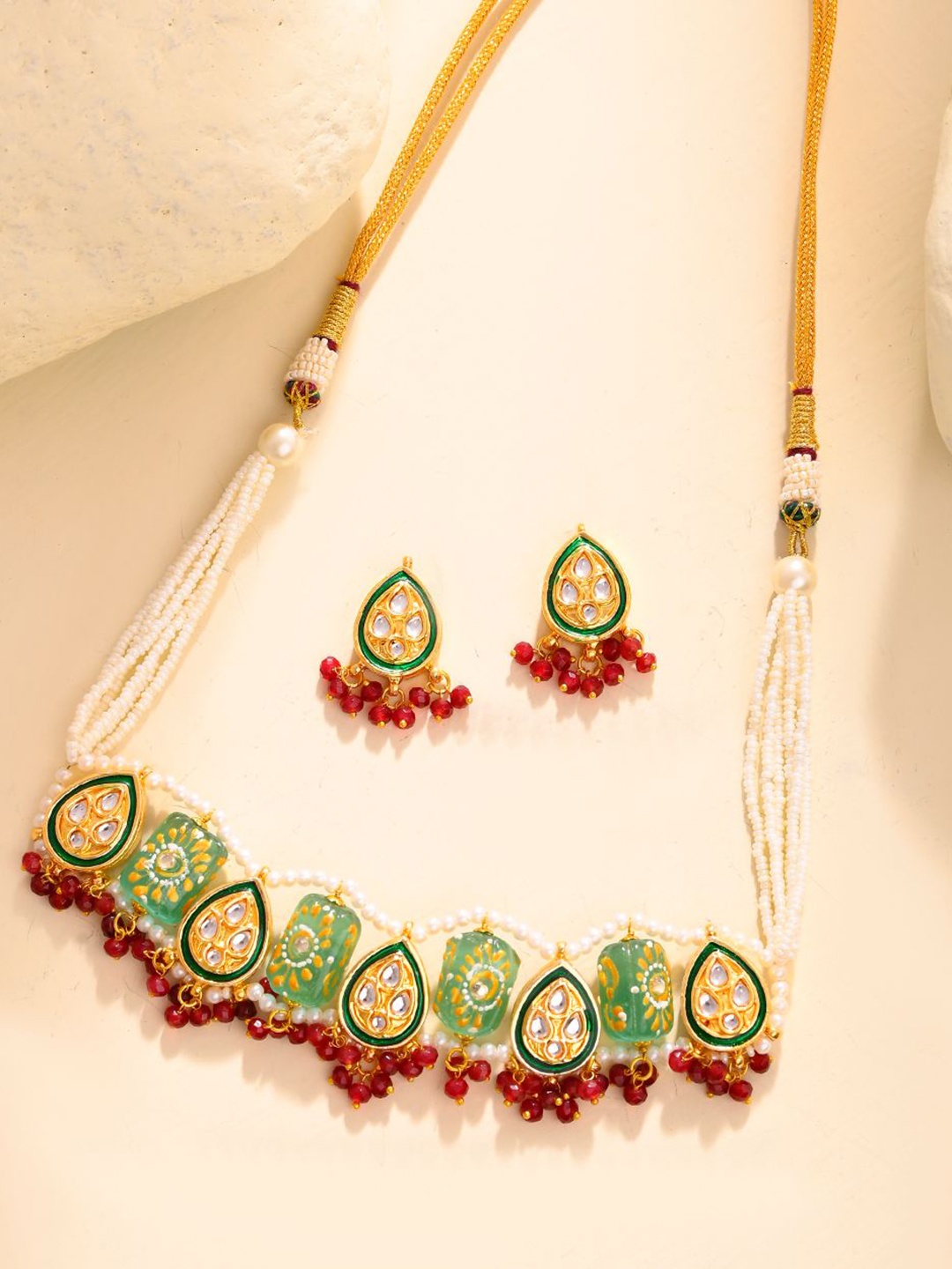 

DASTOOR Gold-Plated Stone-Studded & Beaded Necklace and Earrings