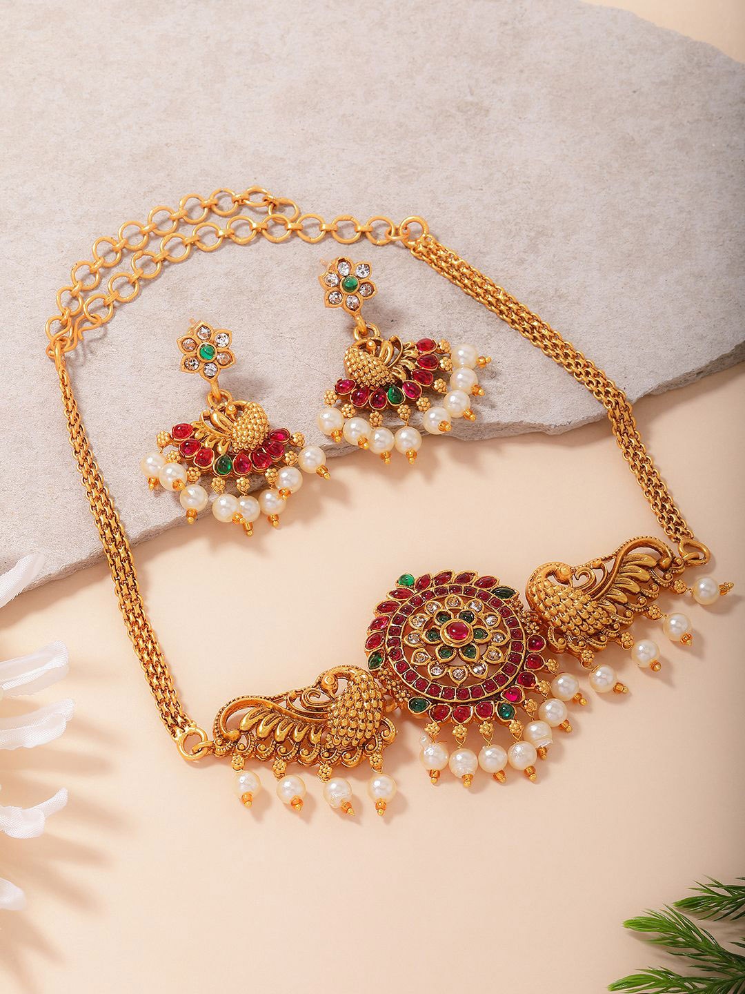 

Anouk Red Gold Plated Stone Studded & Beaded Temple Jewellery Set