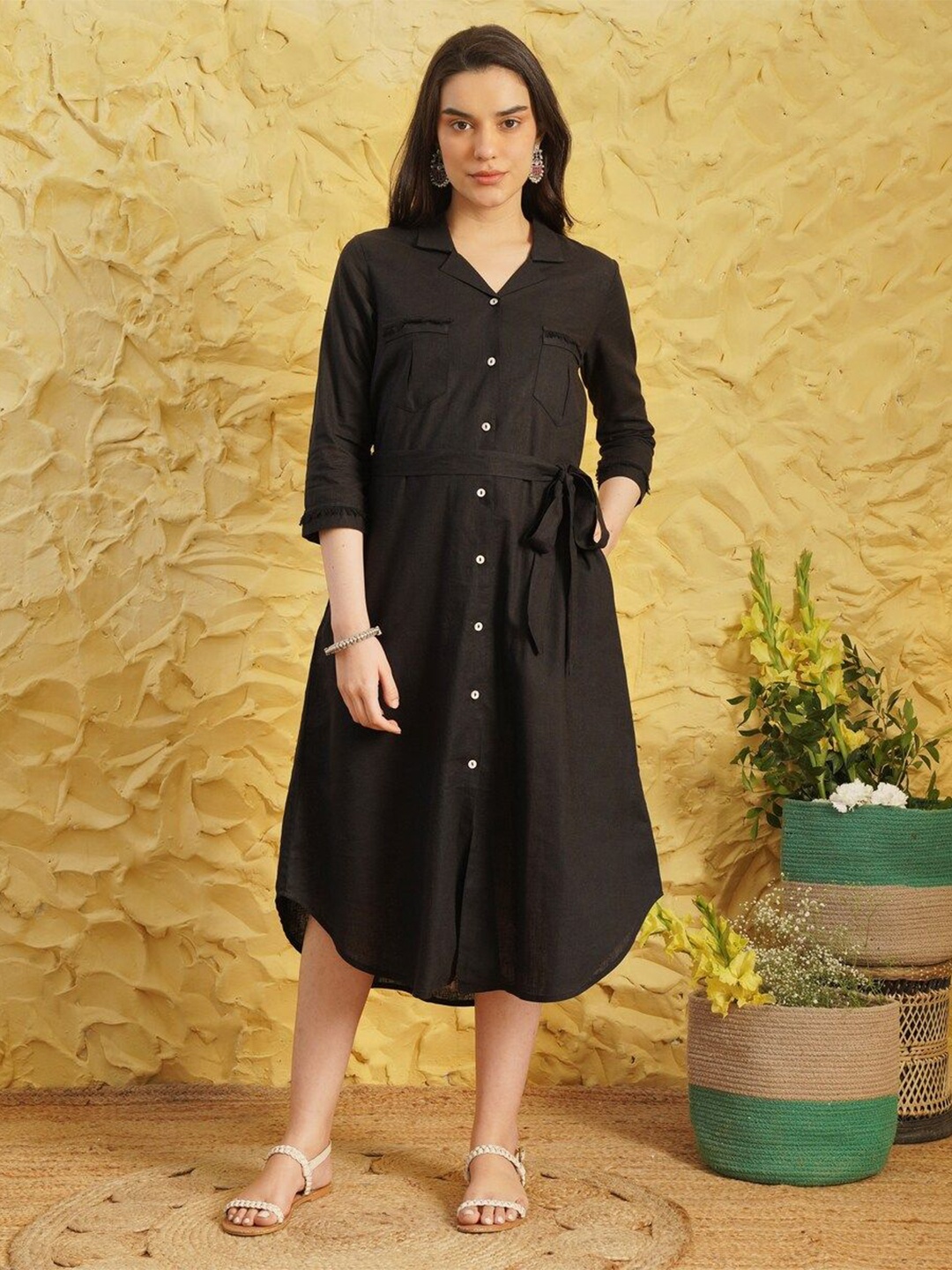 

JAYPORE Women Solid Shirt Midi Dress, Black