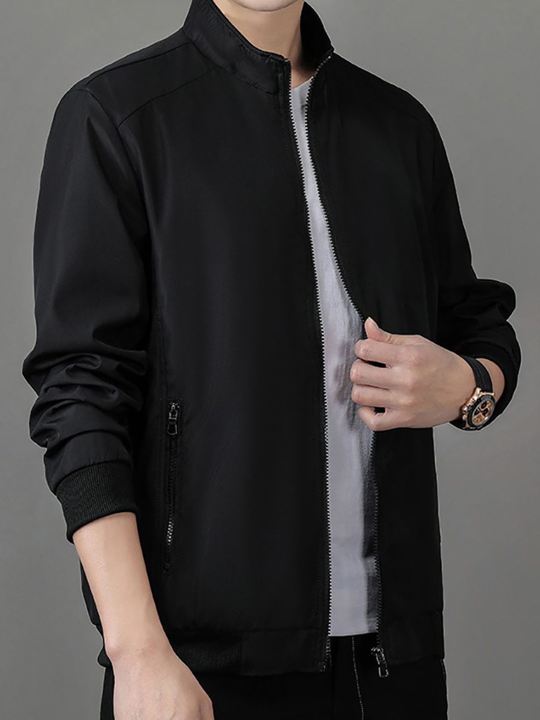 

StyleCast x Revolte Men Stand Collar Tailored Jacket, Black