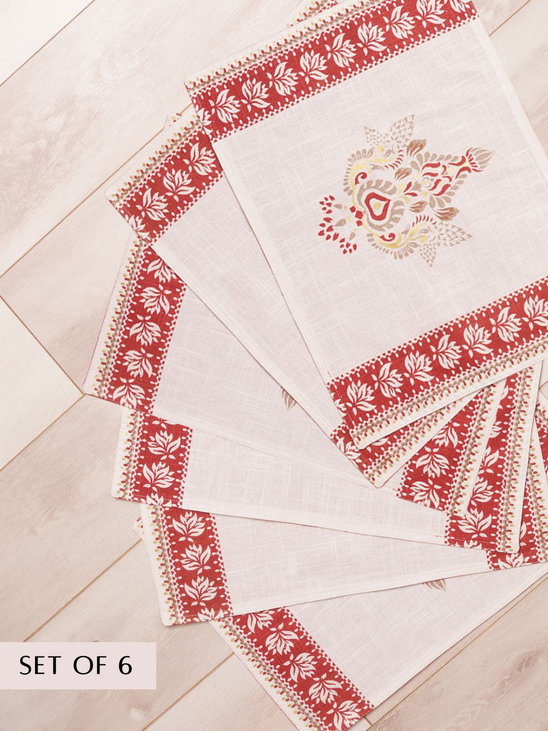 

BLANC9 Beige & Red 6 Pieces Printed Cotton Table Placemats