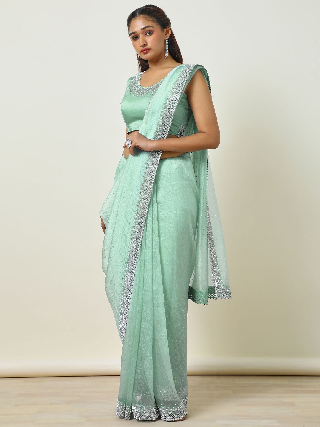 

Soch Embellished Beads and Stones Organza Saree, Green