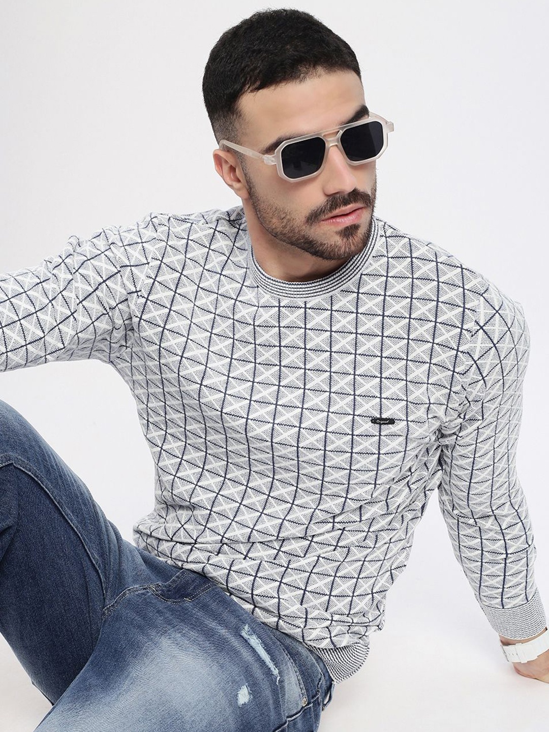 

SHOWOFF Men Printed Round Neck Pullover Sweaters, Grey