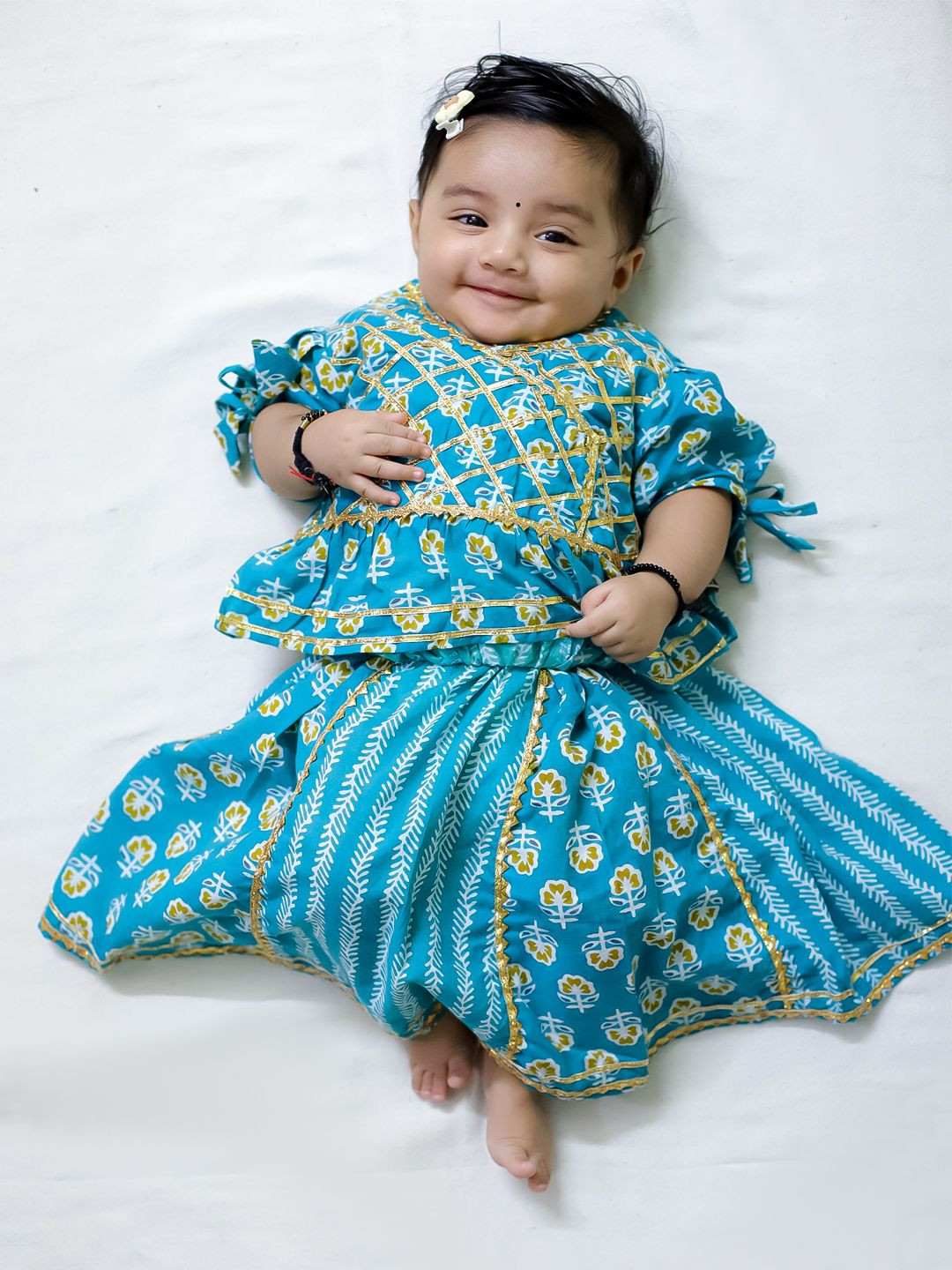 

BownBee Girls Floral Printed Ready to Wear Cotton Lehenga & Blouse, Blue