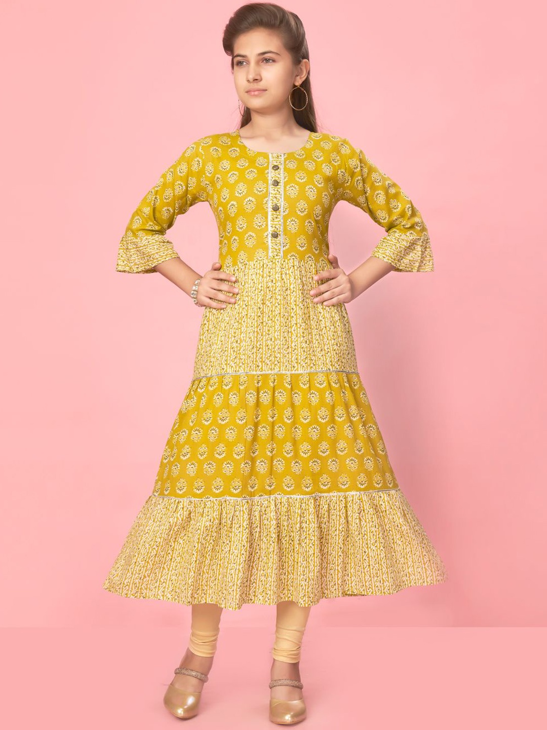 

BAESD Girls Striped Flared Sleeves Anarkali Kurta, Yellow