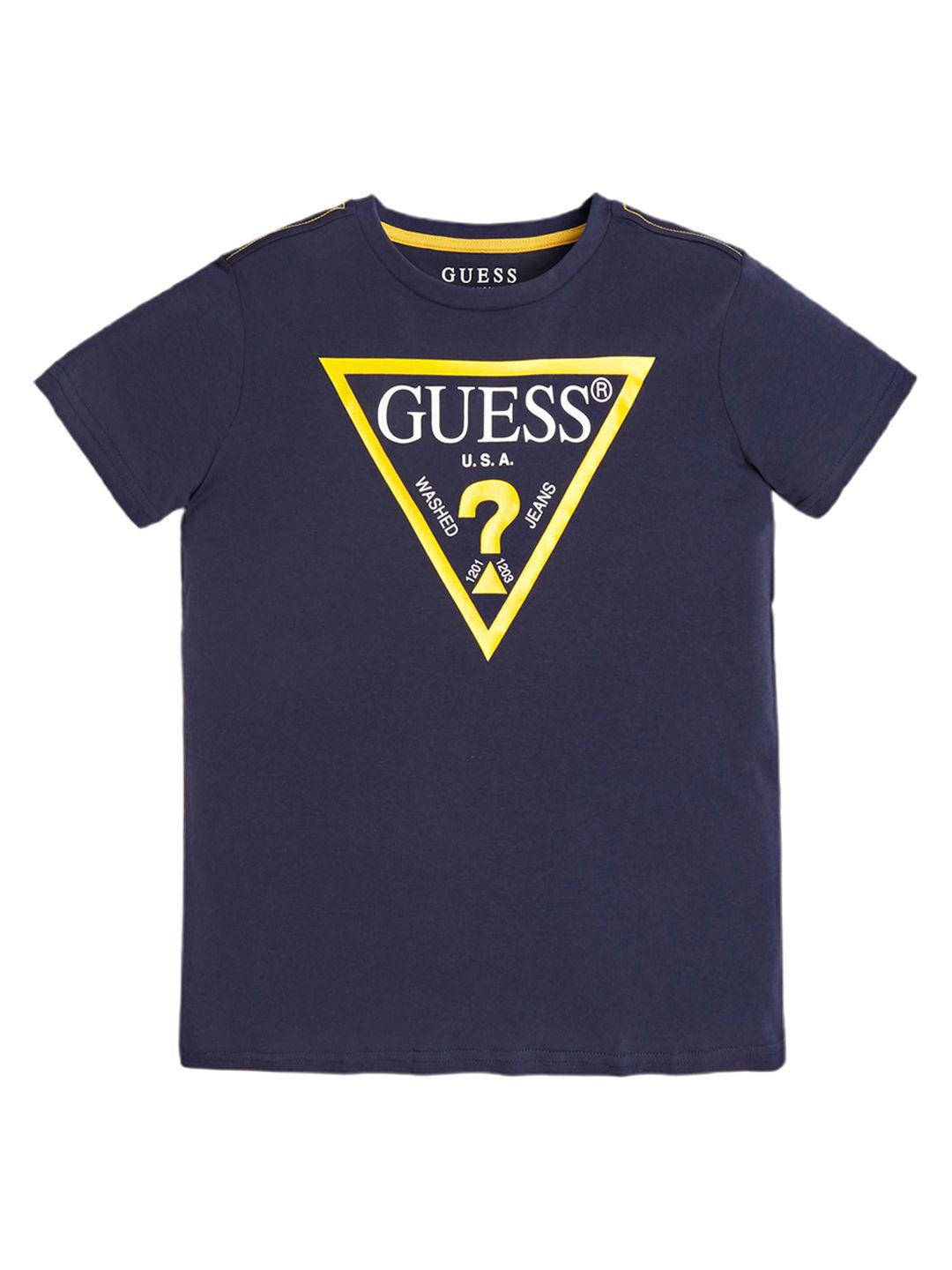 

GUESS kids Boys Typography Printed Round Neck Cotton T-shirt, Navy blue