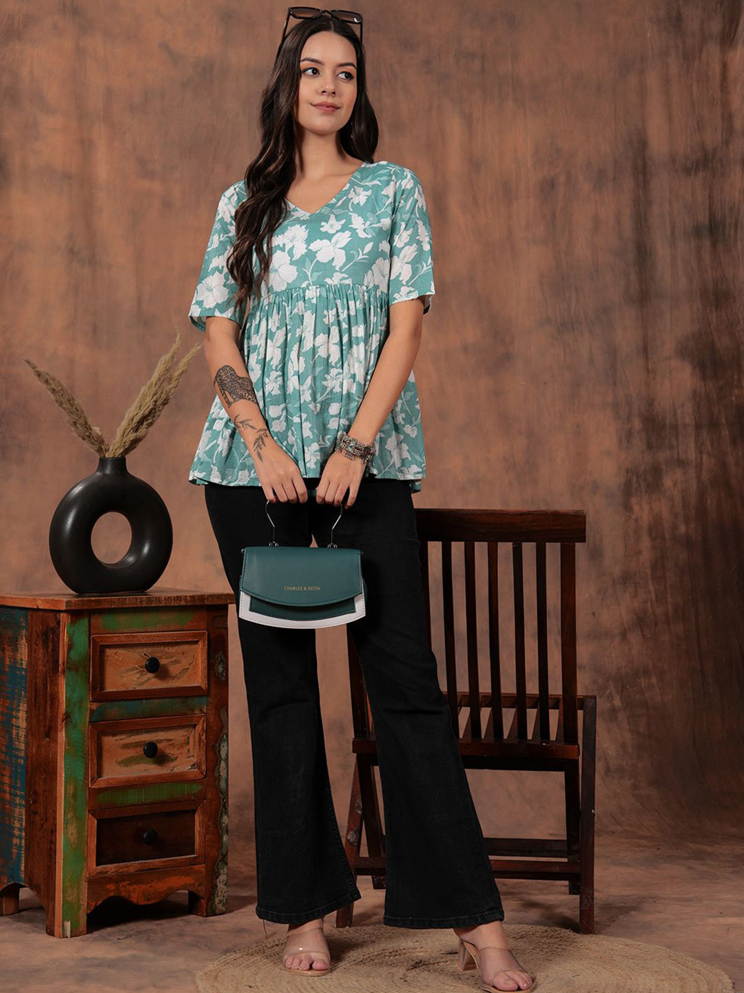 

SHIONS Floral Printed Empire Cotton Top, Blue