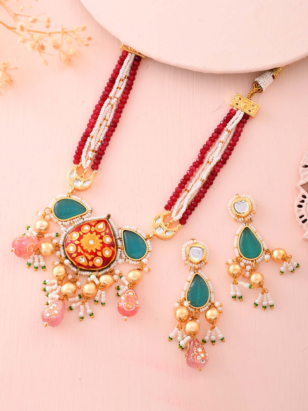 

DASTOOR Gold-Plated Stone-Studded & Beaded Jewellery Set