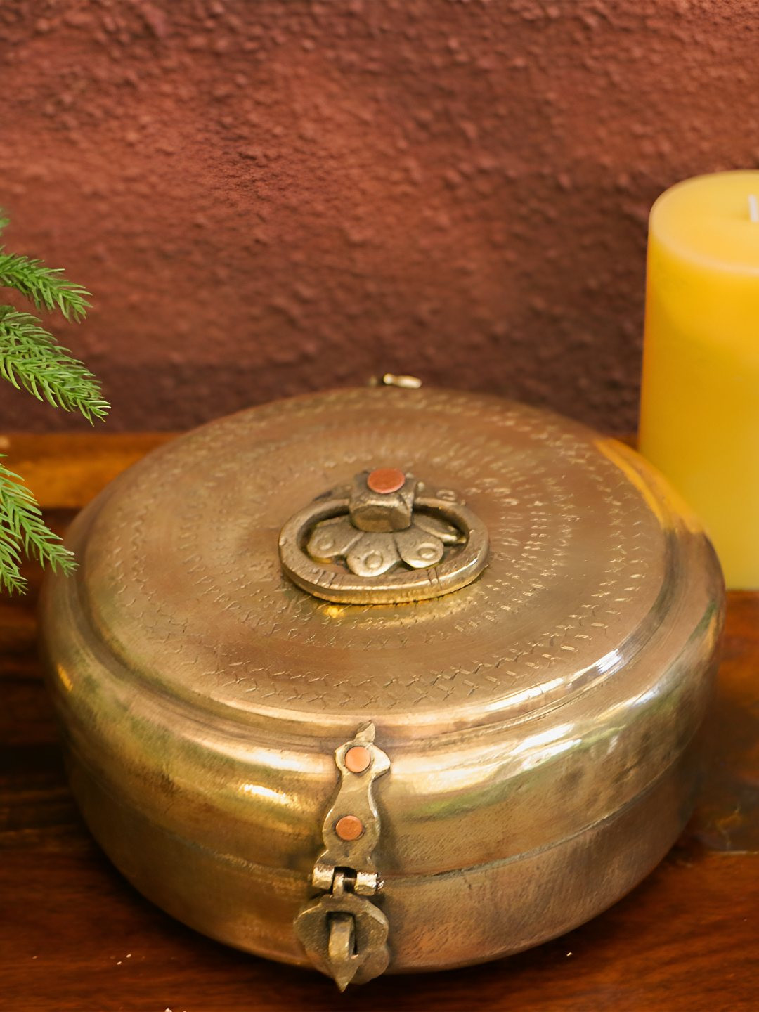 

Ambi Home Gold-Toned Textured Brass Vintage Roti Box With Engravings - 960 g