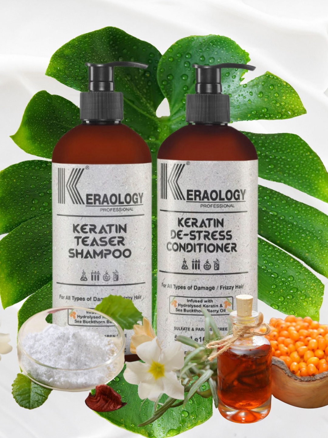 

Keraology Keratin Teaser Shampoo & Keratin De-Stress Conditioner - 500 ml Each, Off white