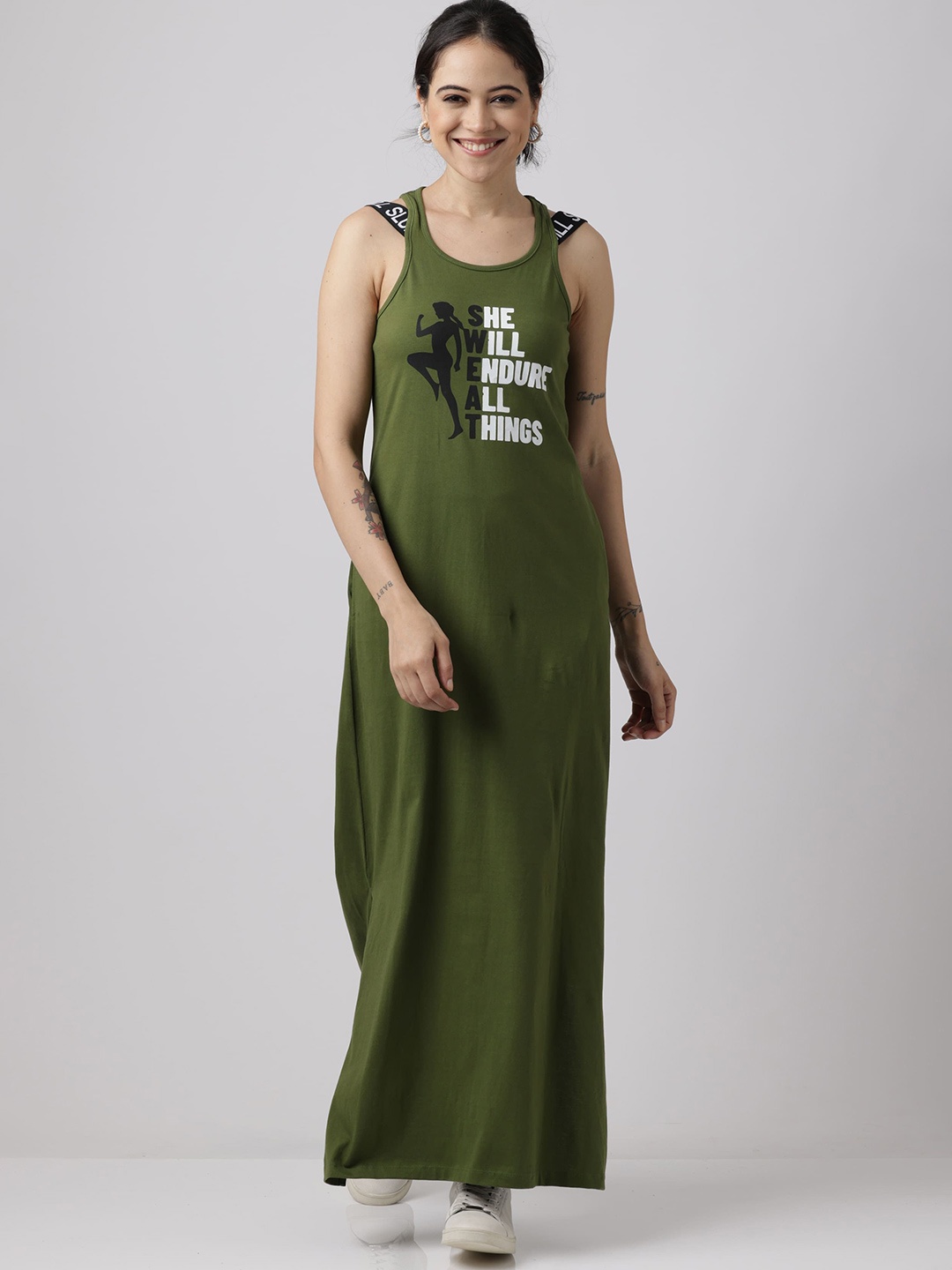 

Slumber Jill Women Pure Cotton Typography Print Maxi Dress, Green