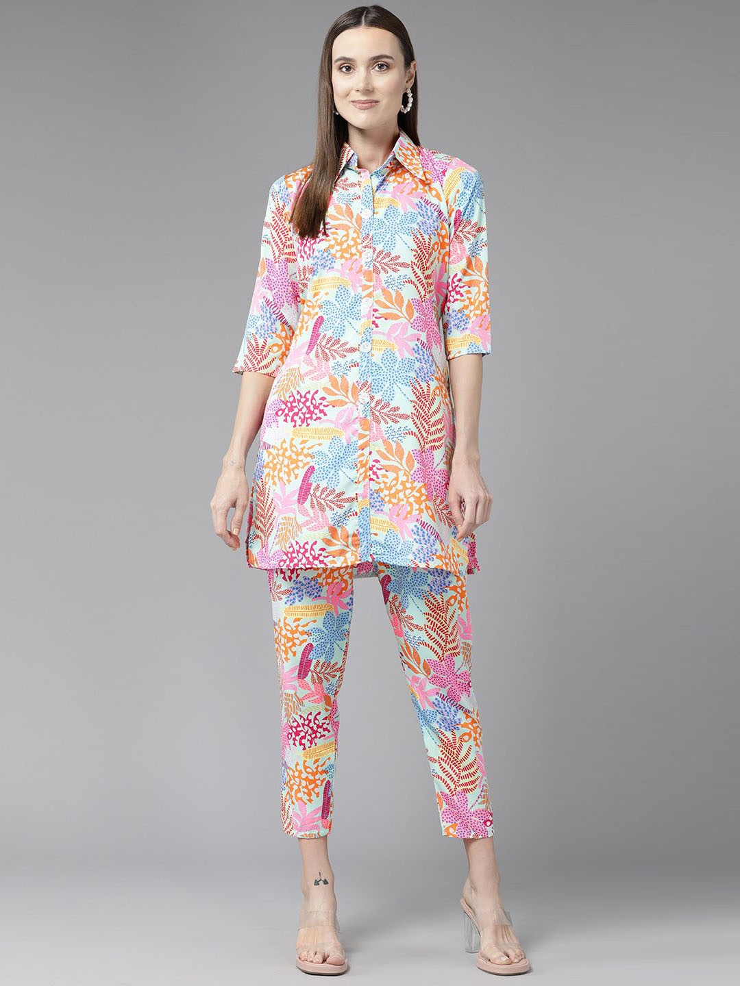 

BAESD Women Floral Printed Shirt Collar Tunic & Trousers, Blue