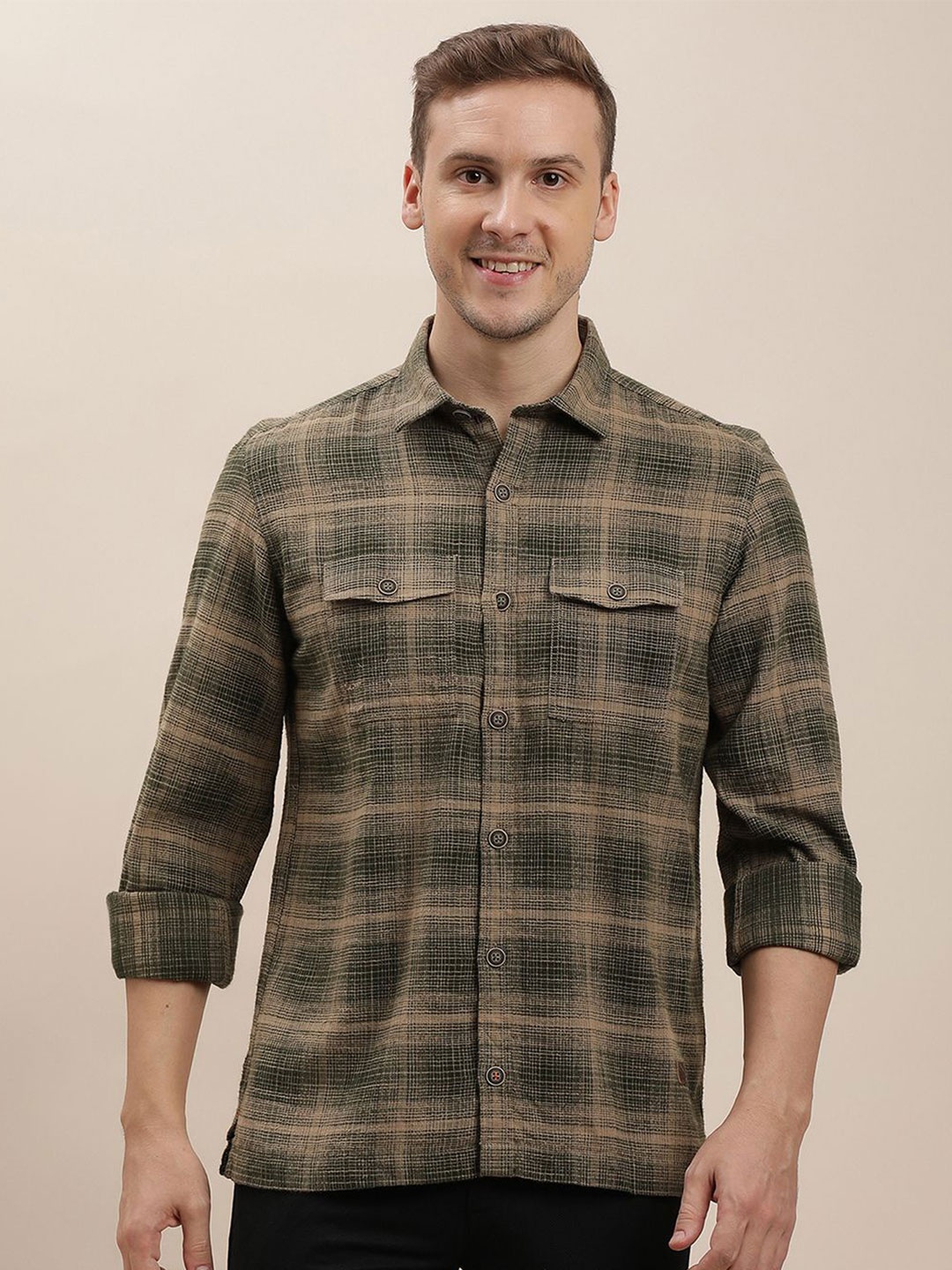 

Turtle Men Relaxed Spread Collar Tartan Checked Cotton Casual Shirt, Brown