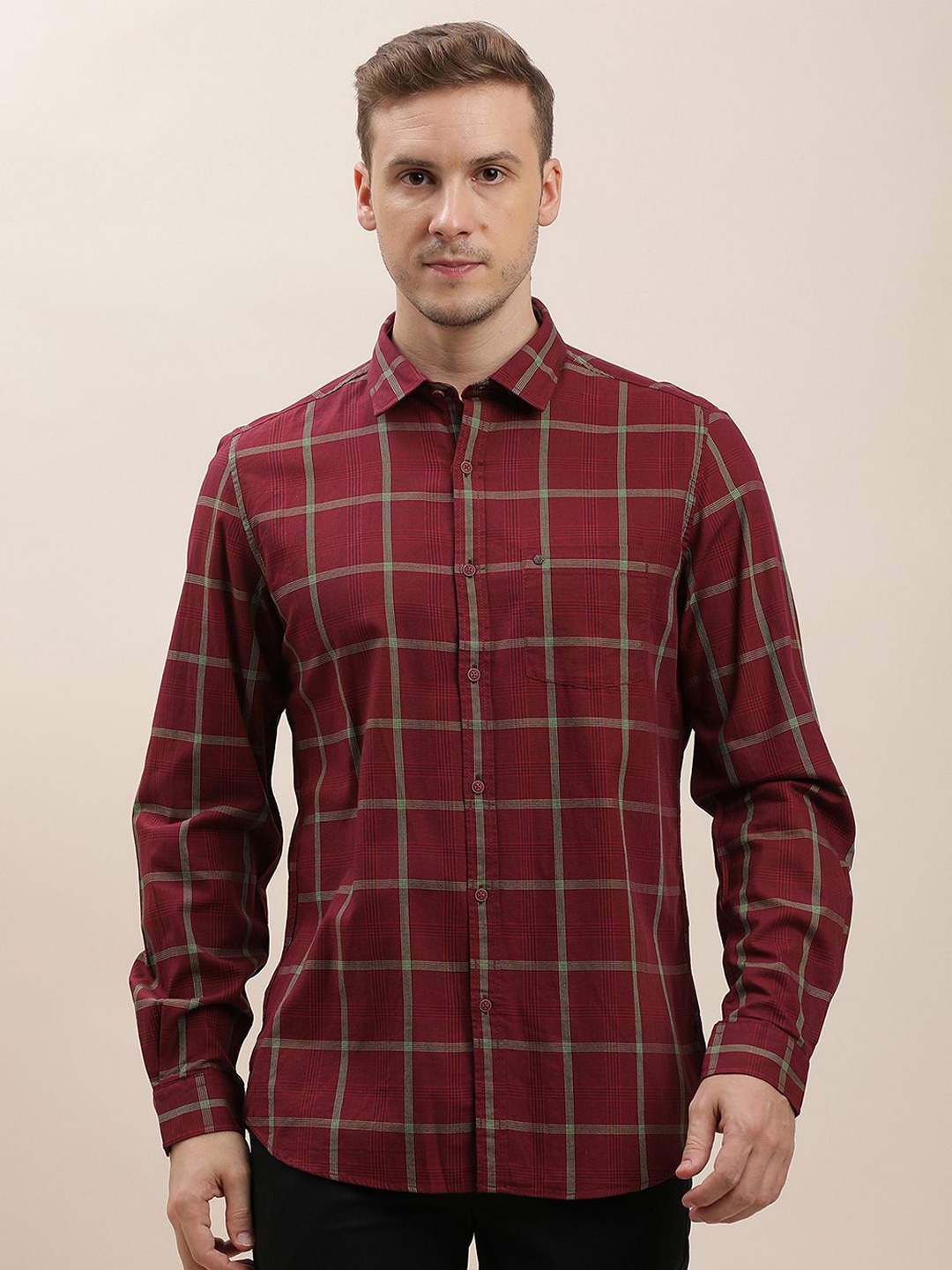 

Turtle Men Relaxed Spread Collar Tartan Checked Cotton Slim Fit Casual Shirt, Maroon