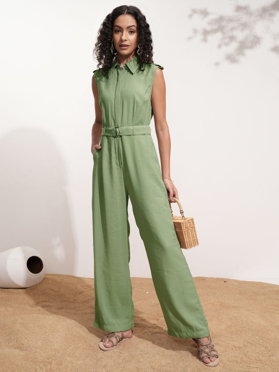 

Tokyo Talkies Solid Shirt collar Jumpsuit, Green
