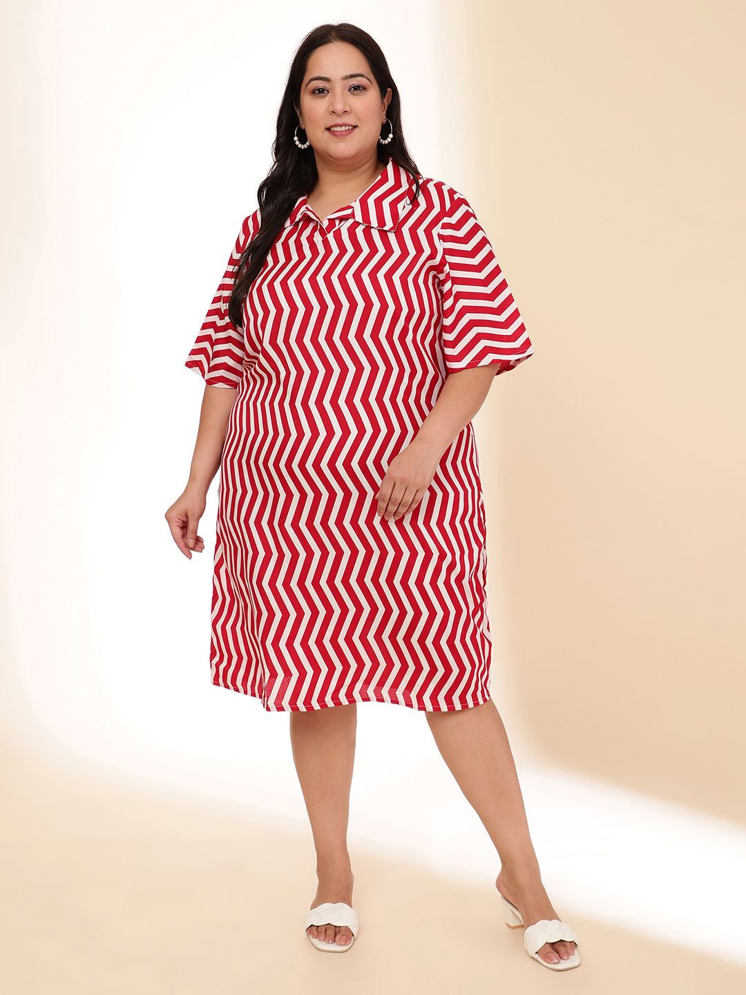 

DressBerry Print Flared Sleeve A-Line Dress, Red