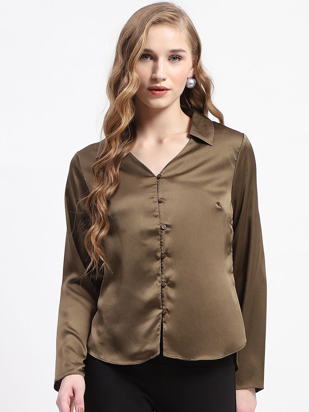 

Madame Women Solid Shirt Collar Top, Brown