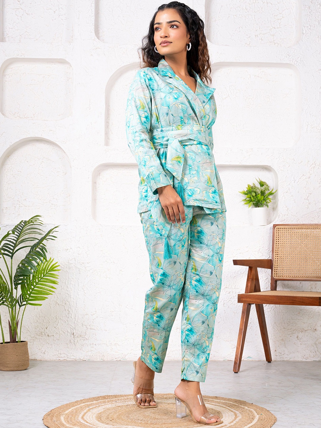 

SAADGEE Printed Pure Cotton Coat With Trousers Co-Ords, Blue