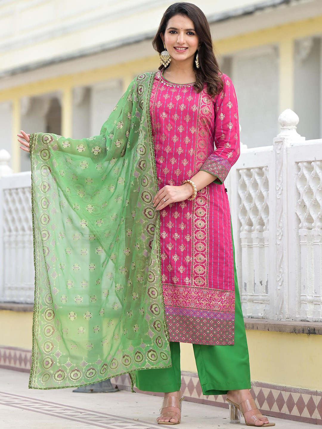 

Juniper Floral Woven Design Regular Sequinned Straight Kurta with Trousers & Dupatta, Fuchsia