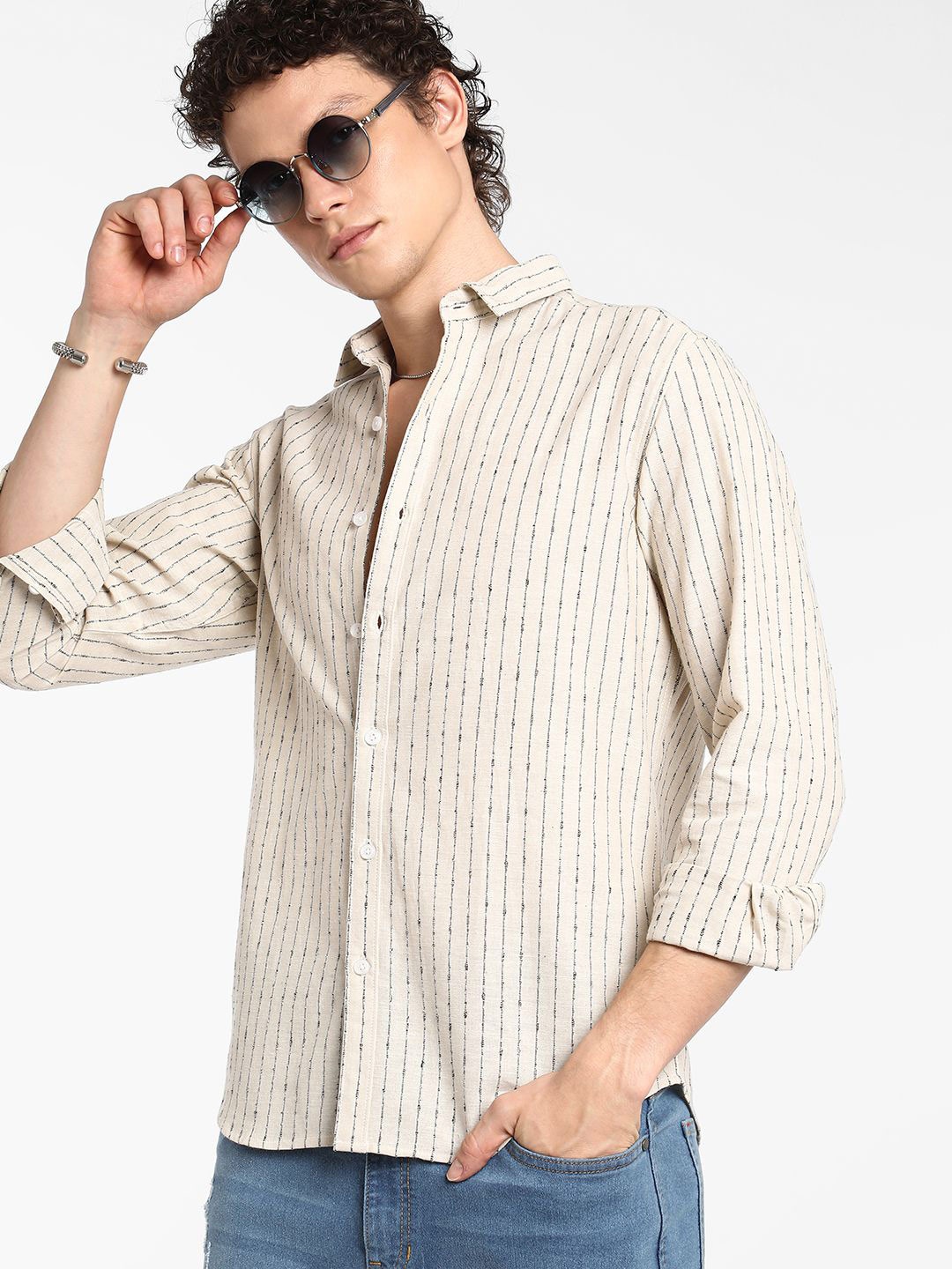 

Campus Sutra Men Comfort Spread Collar Vertical Striped Cotton Casual Shirt, Beige