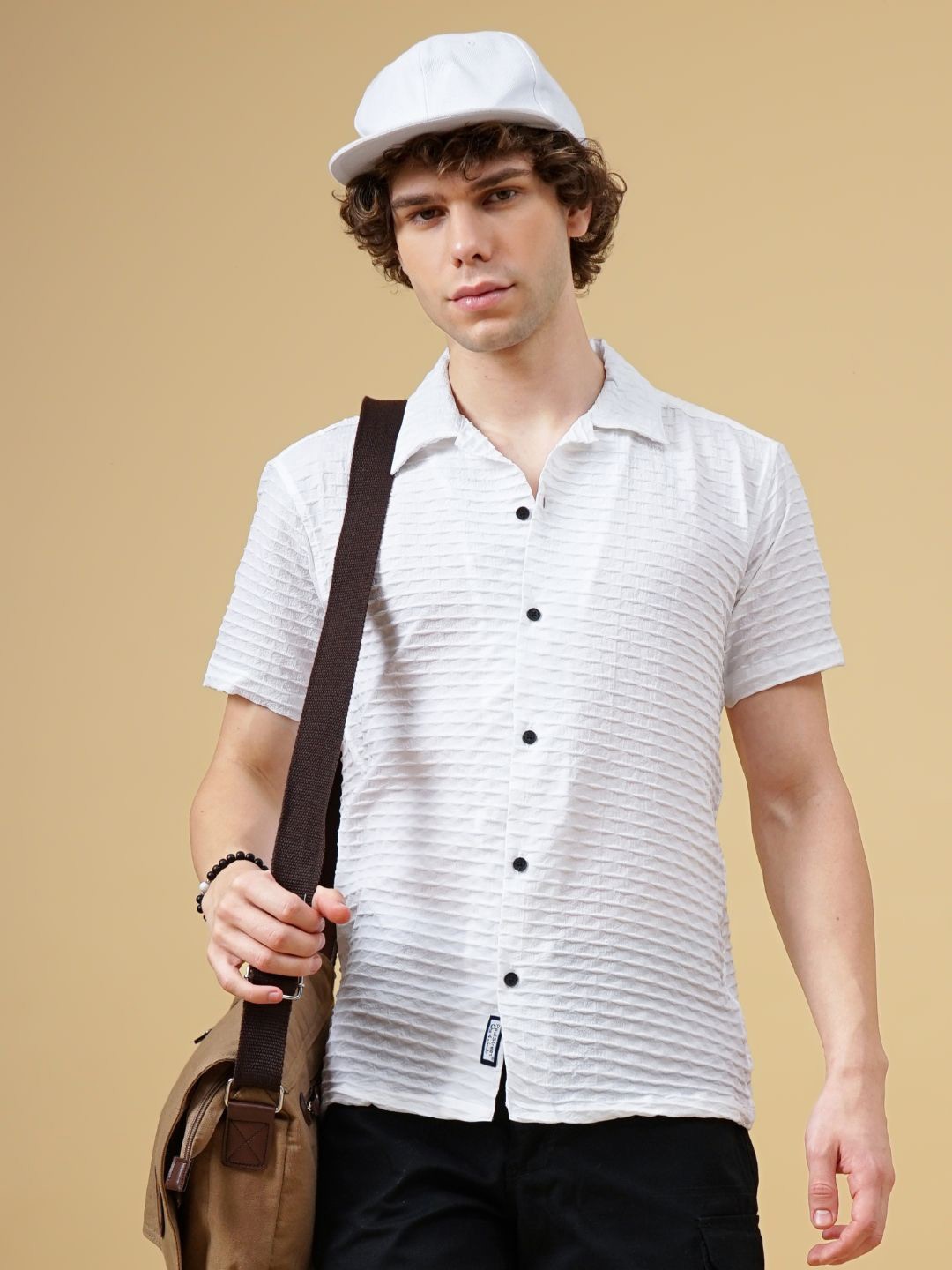 

PAUL STREET Men Club Cuban Collar Textured Slim Fit Casual Shirt, White