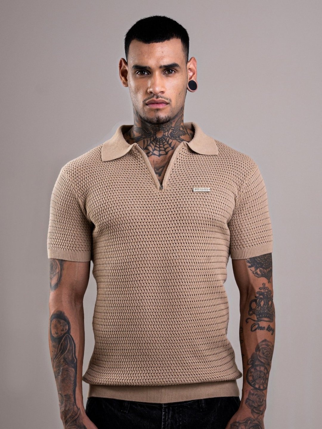 

Overlays Self Design Polo Collar Cotton T-shirt, Khaki