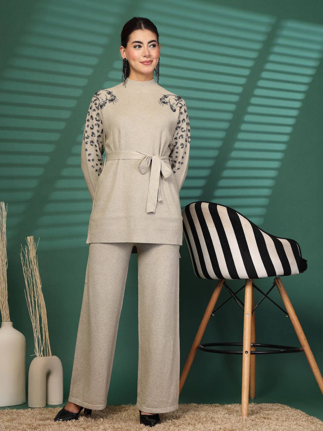 

Mafadeny Beads Embellished High Neck Long Sleeves Top With Palazzo, Off white