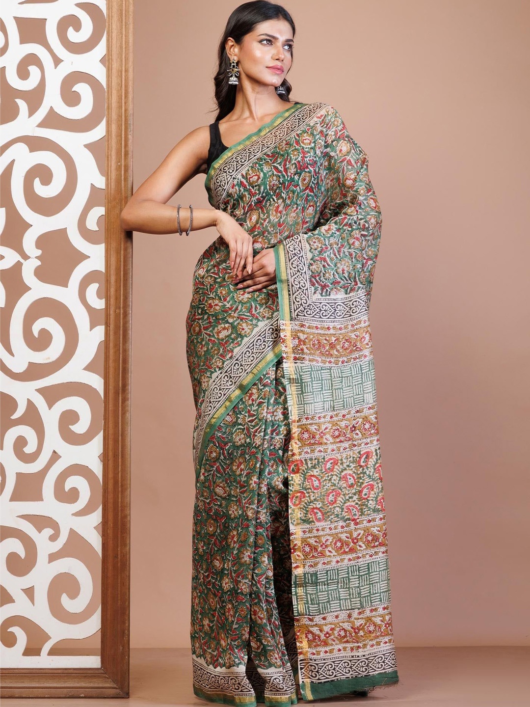 

Unnati Silks Ethnic Motifs Zari Silk Cotton Handloom Chanderi Saree, Green
