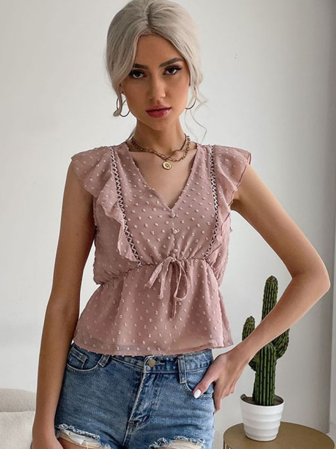 

StyleCast Women Self Design V-Neck Top, Peach