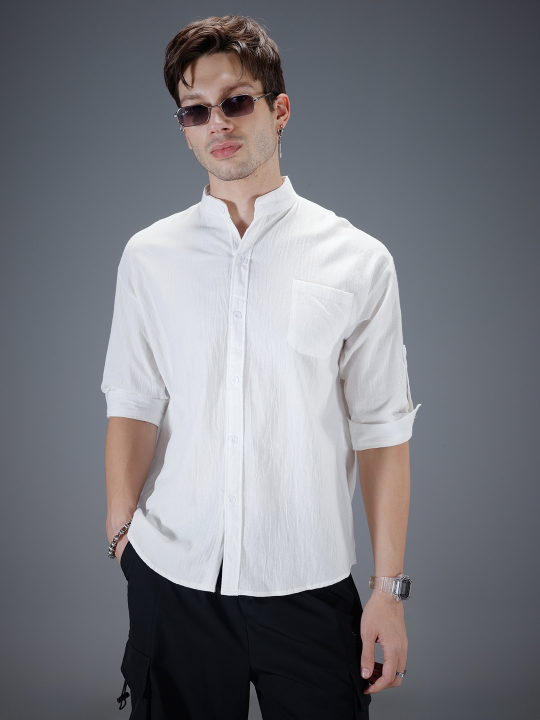 

SOKO STREET Band Collar Drop Shoulder Relaxed Fit Shirt, White