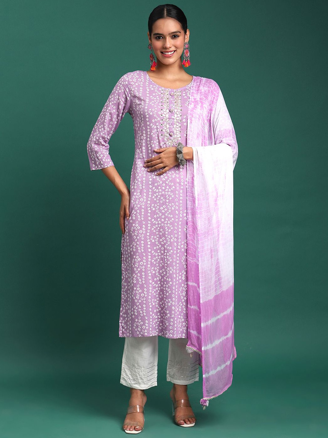 

BANDIA Women Bandhani Printed Mirror Work Pure Cotton Kurta with Trousers & Dupatta, Mauve