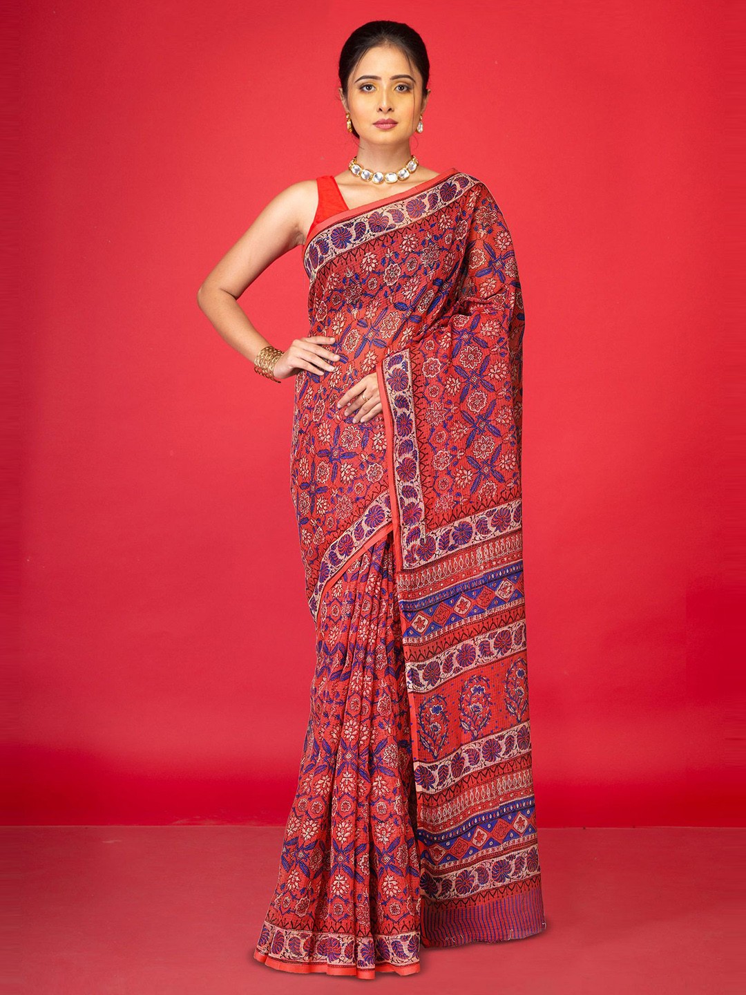 

Unnati Silks Ethnic Motifs Net Handloom Kota Saree and Blouse Piece, Peach