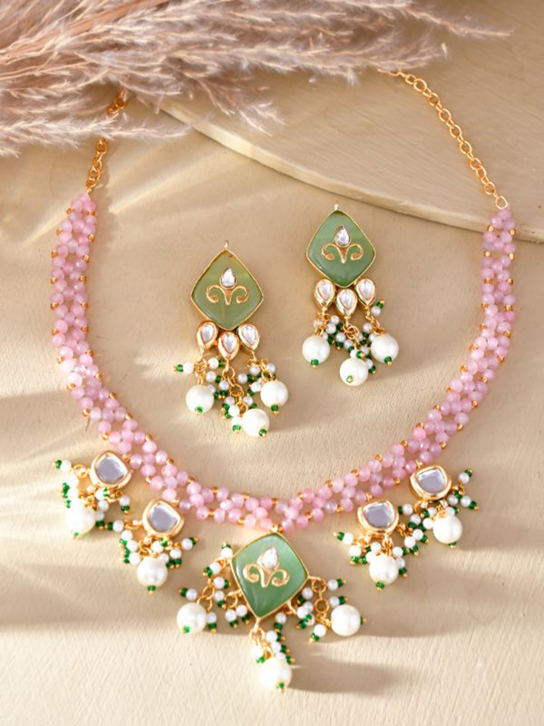 

DASTOOR Gold-Plated Stone-Studded & Beaded Jewellery Set