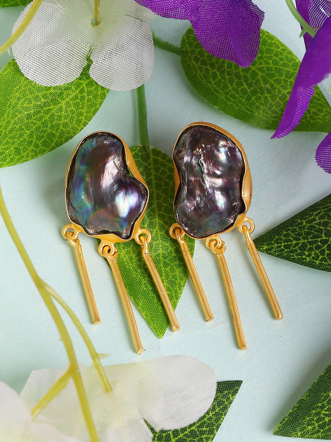 

ROYAL PITARAH Gold Plated Contemporary Drop Earrings, Black