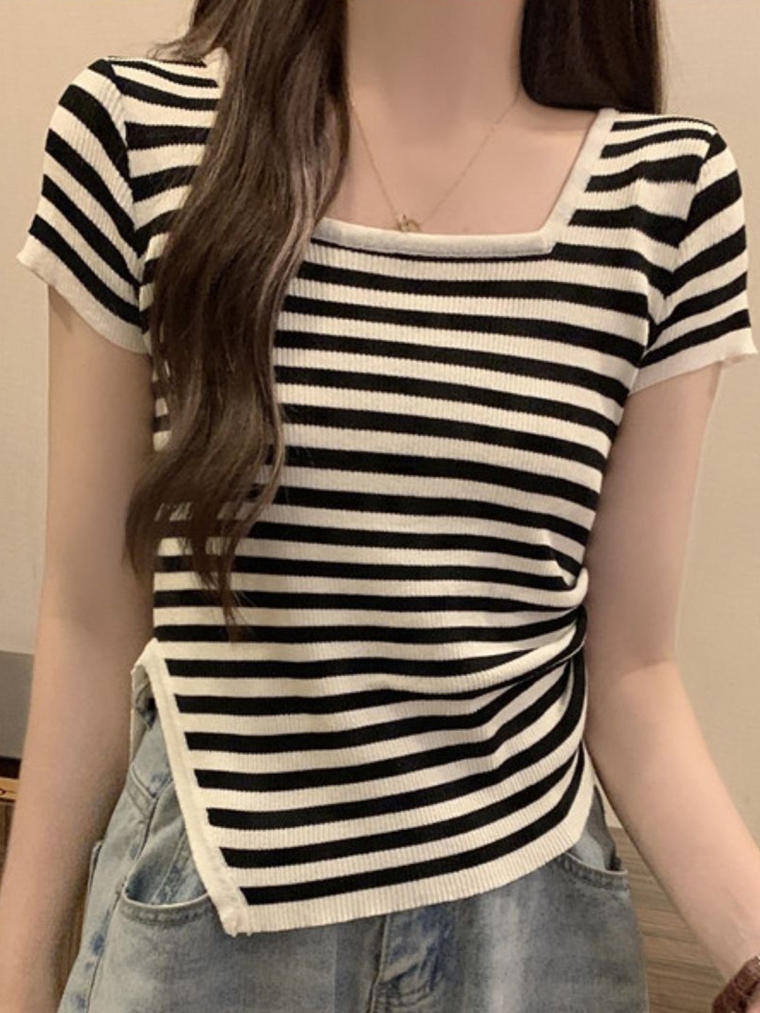 

StyleCast Women Horizontal Striped Square Neck Top, Cream