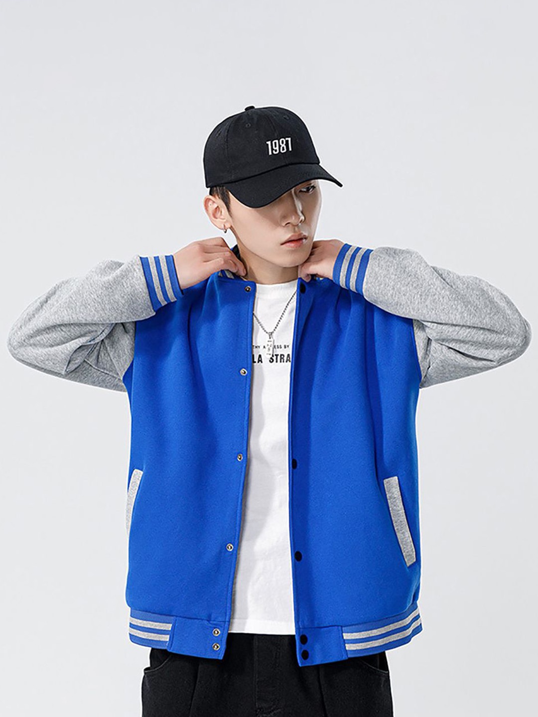 

StyleCast x Revolte Men Colourblocked Mandarin Collar Bomber Jacket, Blue