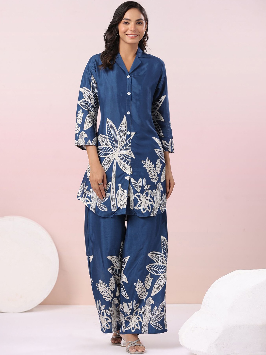 

JISORA Blue Printed Pure Silk Tunic With Palazzo