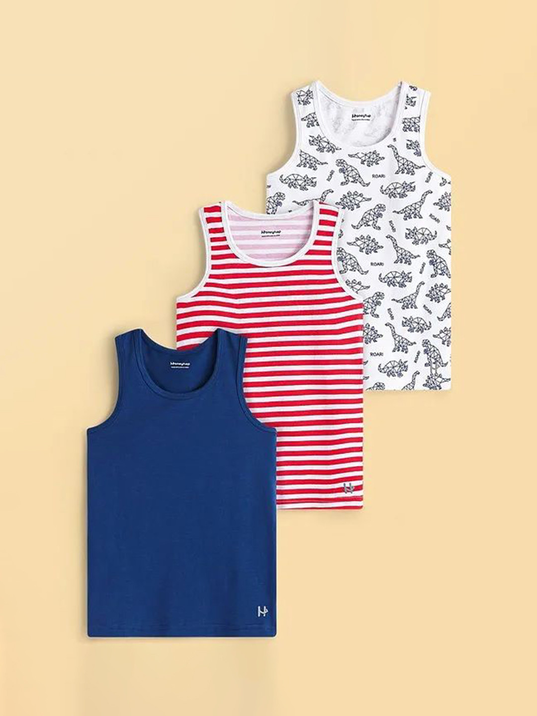 

Honeyhap Boys Pack Of 3 Printed Basic Vests 16071493, Red