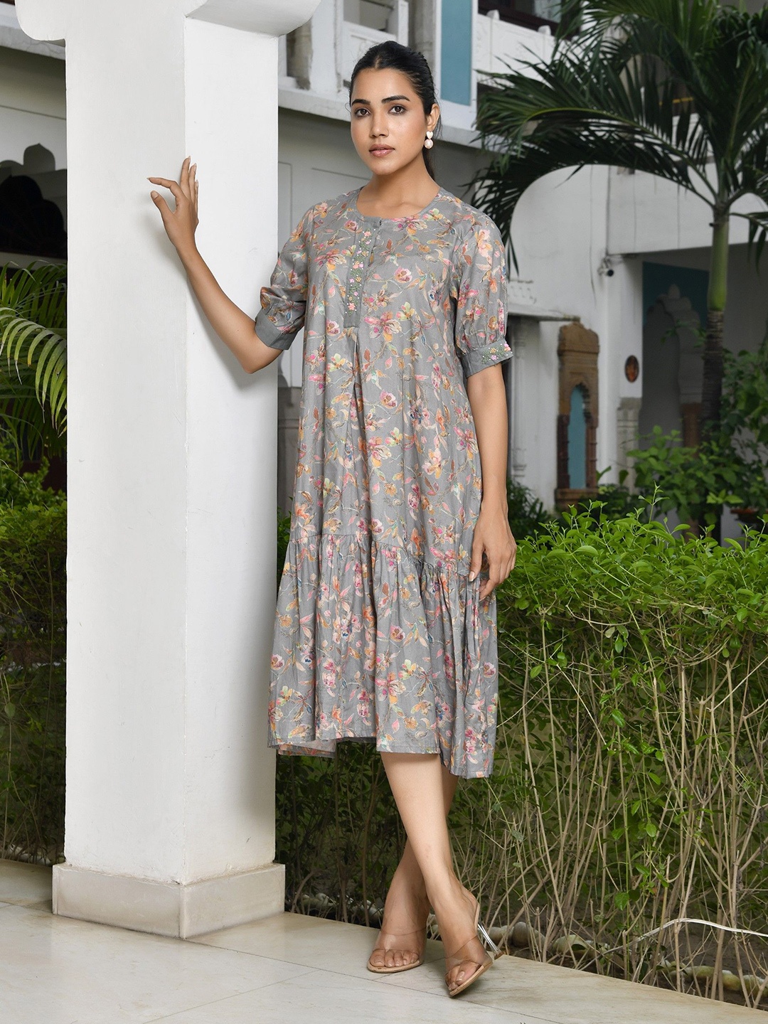 

VAASVA JAIPUR Floral Print Puff Sleeves Empire Midi Dress, Grey