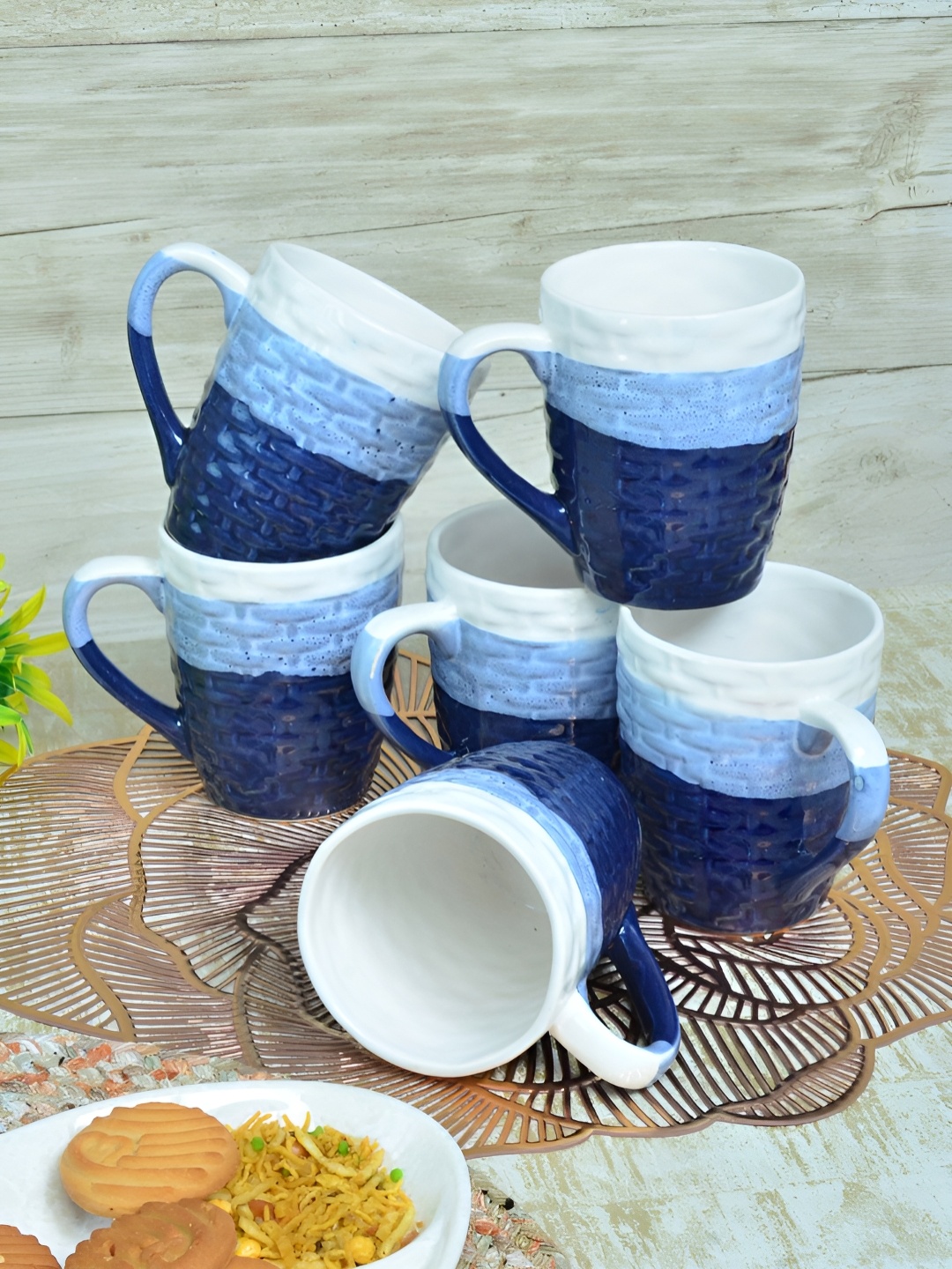 

FABINALIV Blue & White Textured Ceramic Glossy Mugs Set of Cups and Mugs