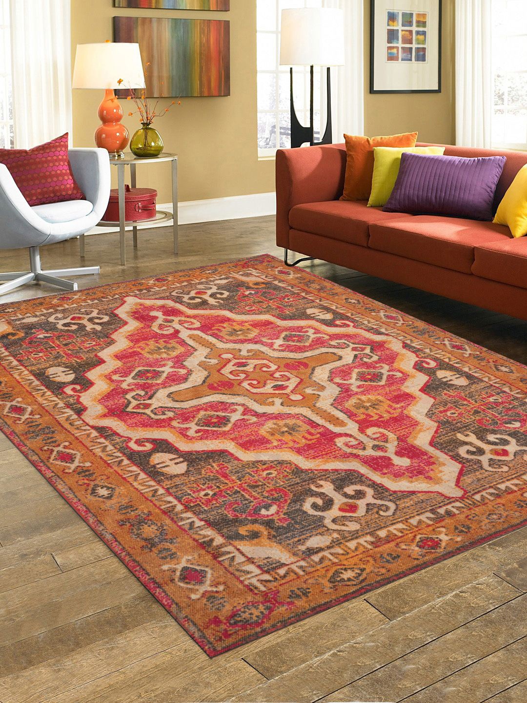 BLANC9 Brown & Red Ethnic Motifs Printed Cotton Carpet