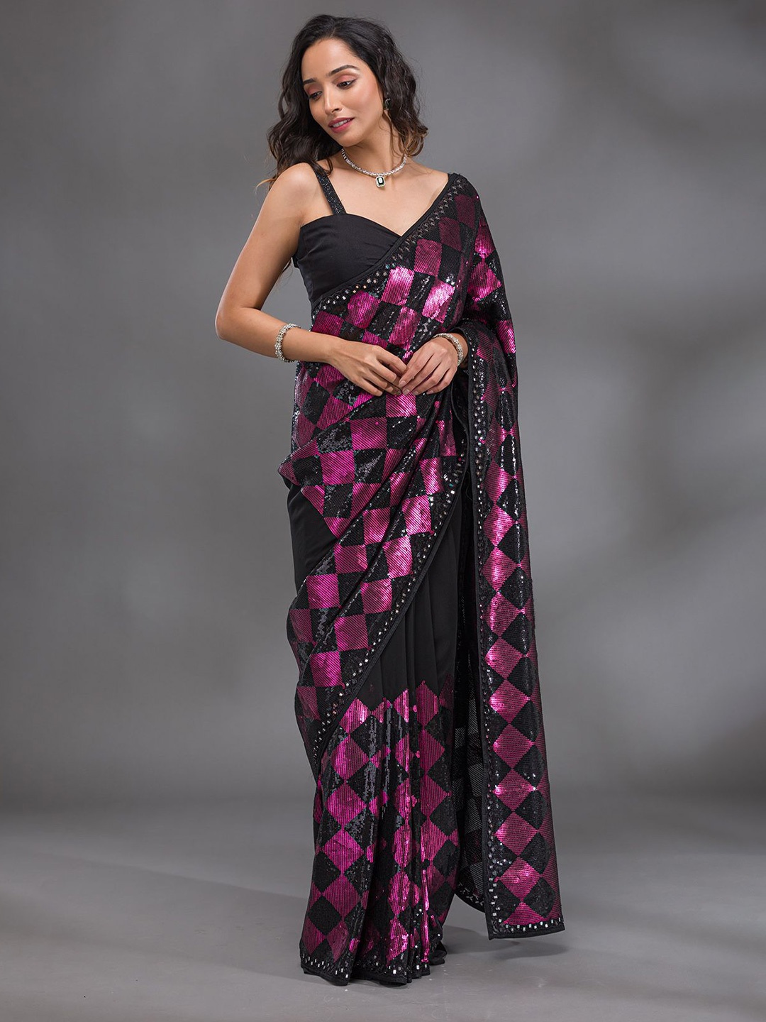 

Koskii Embroidered Sequinned Saree, Black