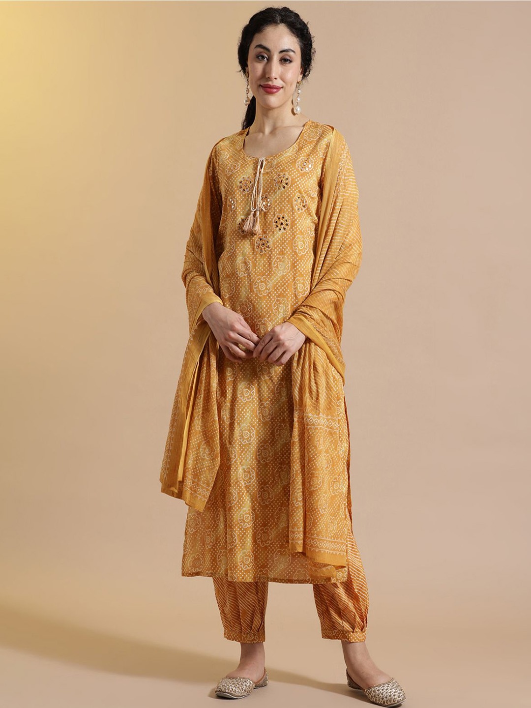 

STYLEBAAZI Women Floral Embroidered Thread Work Pure Cotton Kurta with Palazzos & Dupatta, Mustard