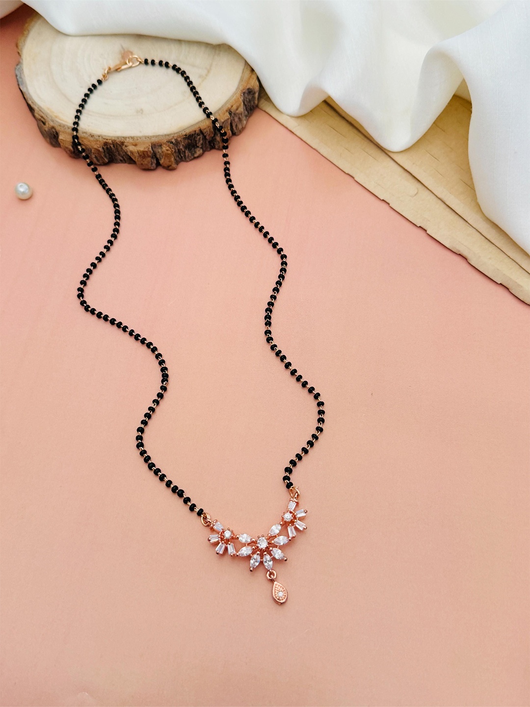 

ABDESIGNS Rose Gold-Plated Anerican Diamond Studded and Beaded Mangalsutra